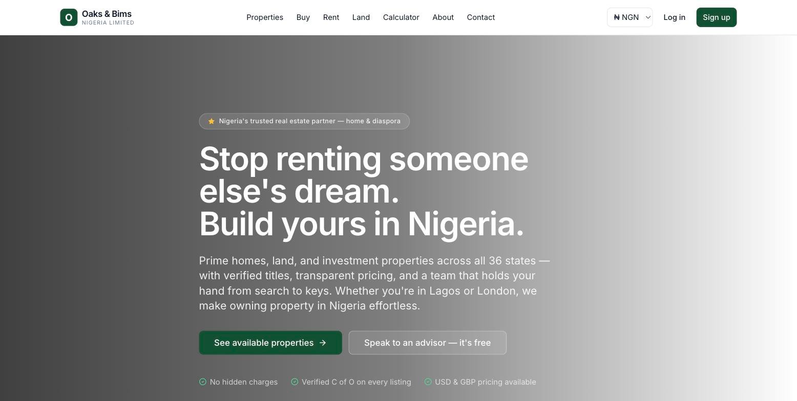Oaks and Bims real estate marketplace homepage