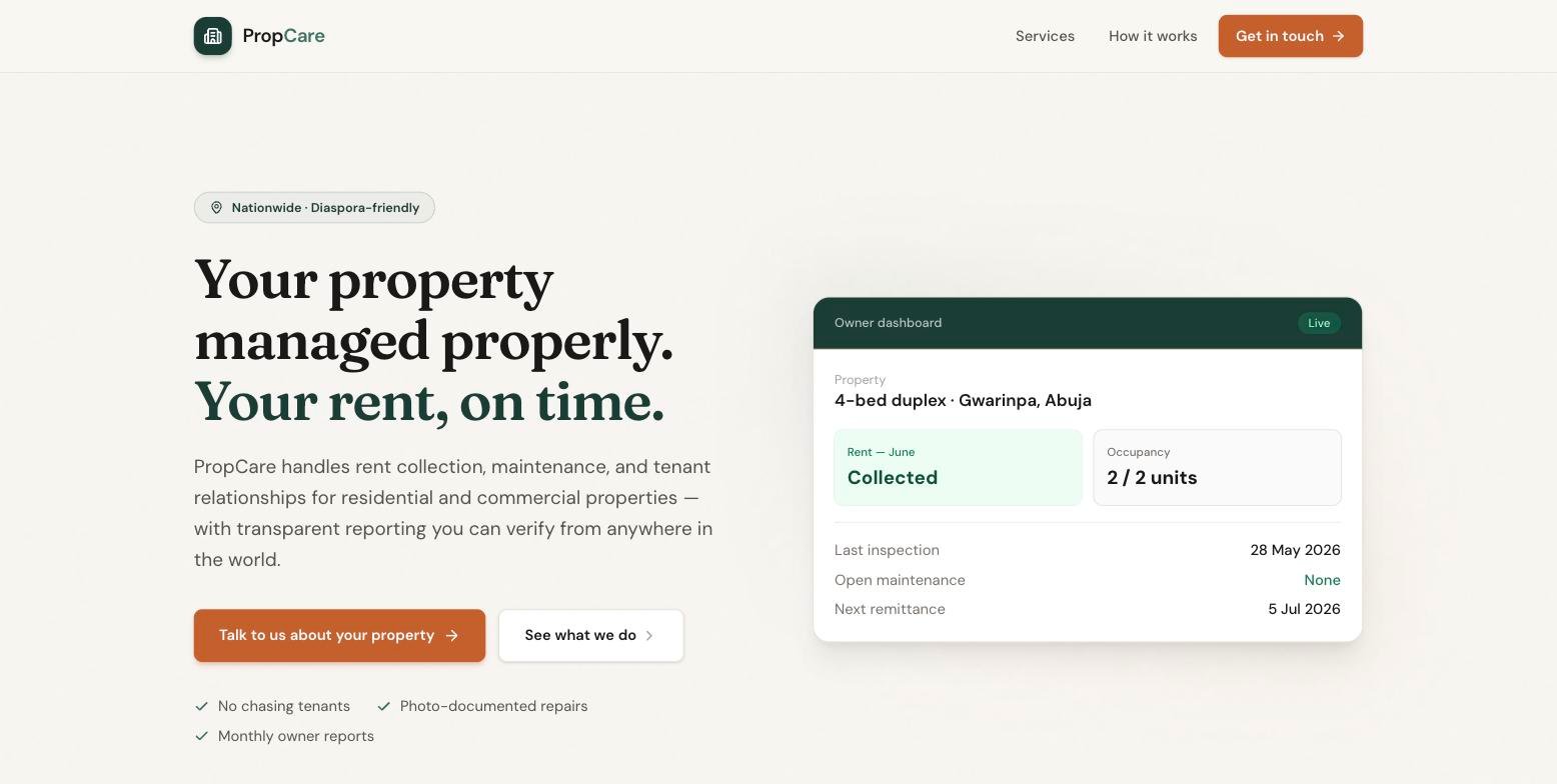 PropCare property management platform homepage